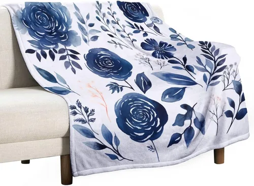 Miniatura 9 de Manta de flores de acuarela azul marino, bohemias, manta de acuarela floral con coronas de rosas y hojas de peonías, lujosa, cálida y acogedora