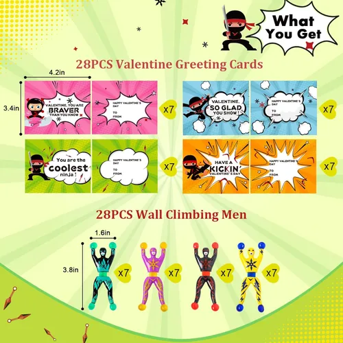 Miniatura 2 de Paquete de 28 tarjetas de regalo para el día de San Valentín para niños con juego de ninja pegajoso para escalada en la pared, juguetes difíciles