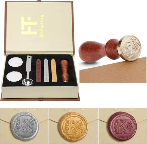 Miniatura 17 de Juego de sellos de cera, Juego clásico de sellos de cera antiguo estilo antiguo con letras iniciales del alfabeto, Caja de regalo con asa de madera