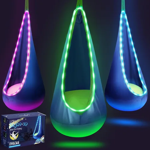 Asiento de columpio colgante para niños con luz, columpio colgante mejorado para niños con luces LED, silla de columpio colgante sensorial de