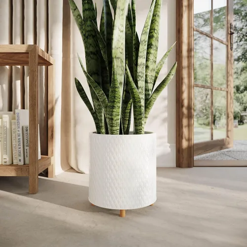 Miniatura 6 de EverNest Claire Modern Maceta de interior con soporte de madera, patrón blanco, 8 pulgadas, SelectBase, estilo moderno neutro de mediados de siglo