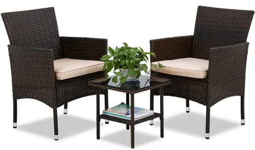 Miniatura 11 de FDW Juego de muebles de patio de 3 piezas Negro Muebles de mimbre para exteriores con mesa de café Juego de sillas de ratán moderno