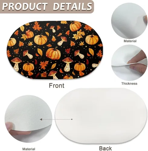 Miniatura 7 de Non Slip Placemats Set of 6 Pumpkin Mushroom Theme Waterproof Wipeable Faux Leather for Thanksgiving Family Feast Heat Resistant Dining Table Mats