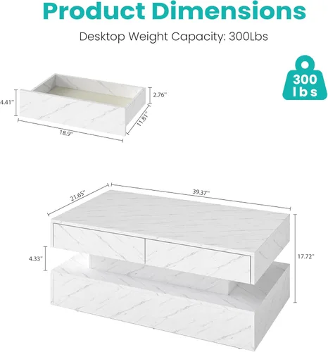 Miniatura 2 de Mesa de centro para sala de estar, mesa de centro moderna con 2 cajones de almacenamiento, mesa central de 2 niveles de madera con luces LED de 20