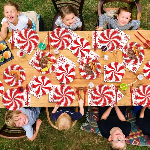 Miniatura 4 de Juego de 96 platos de papel de caramelo de menta de Navidad, suministros de fiesta, suministros de fiesta de caramelo y menta para vacaciones