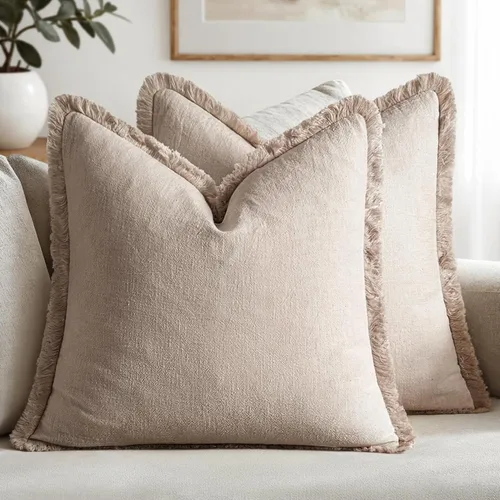 Miniatura 24 de MIULEE Juego de 2 fundas de almohada decorativas de lino neutro con flecos, fundas de cojín de estilo bohemio con borlas para sofá, cama, sala