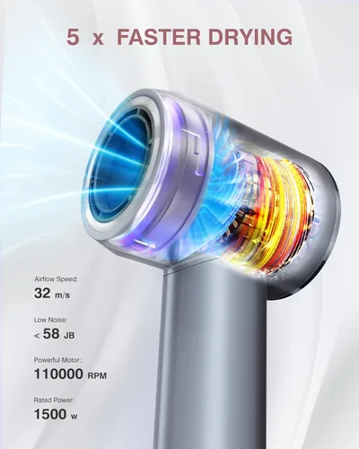 Miniatura 2 de Secador de pelo, 160000 rpm, secador iónico profesional de alta velocidad, 200 millones de iones negativos, control de calor y secador de pelo