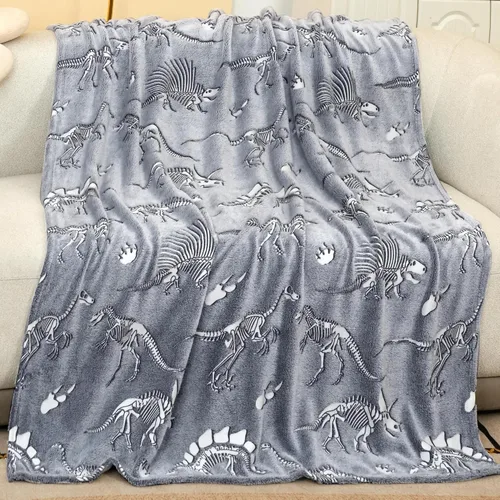 Miniatura 3 de Manta de dinosaurio que brilla en la oscuridad, manta de dinosaurio para niños, franela suave, regalos para amantes de los dinosaurios, mantas