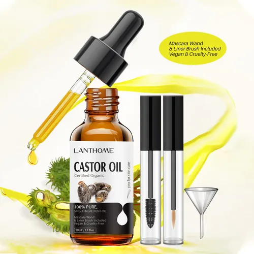 Miniatura 2 de Lanthome Aceite de ricino orgánico prensado en frío (1.7 onzas con kit de pestañas), aceite de ricino negro para pestañas, cejas y crema hidratante