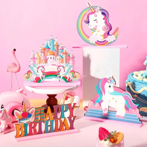 Miniatura 2 de Barydat 4 piezas de unicornio para mesa de cumpleaños, decoración de arco iris, temática de unicornio de madera, letrero de cumpleaños, accesorios