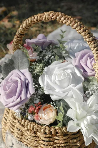 Miniatura 6 de Higfra Flores artificiales, 25 unidades, rosas falsas de aspecto real con tallos para ramos de boda, centros de mesa de baby shower, arreglos Blanco