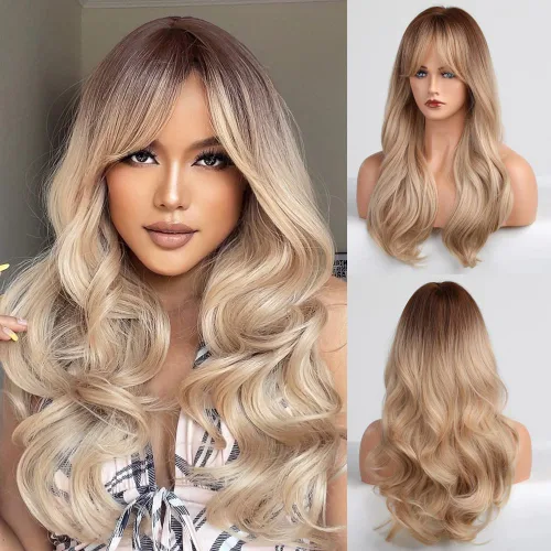 Miniatura 11 de HAIRCUBE Peluca larga rubia mezclada con marrón con flequillo, pelucas rizadas en capas para mujeres, pelucas sintéticas naturales para uso diario