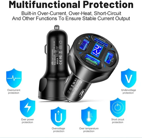 Miniatura 5 de Cargador de Coche, Cargador de Coche de 4 Puertos Rápido con Enchufe de Salida/Voltímetro LED/QC3.0/Puerto Súper, Cargador USB de Encendedor