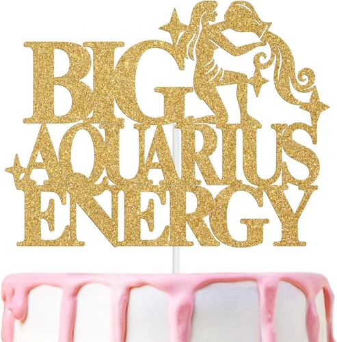 Decoración de pastel de energía de acuario grande con purpurina dorada, feliz cumpleaños acuario en enero/febrero, temporada de acuario, 12