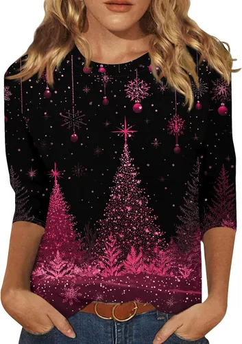 Miniatura 121 de Camisetas de manga 3/4 para mujer, cuello redondo, holgadas, casuales, con estampado floral, camisetas de moda para el trabajo de negocios