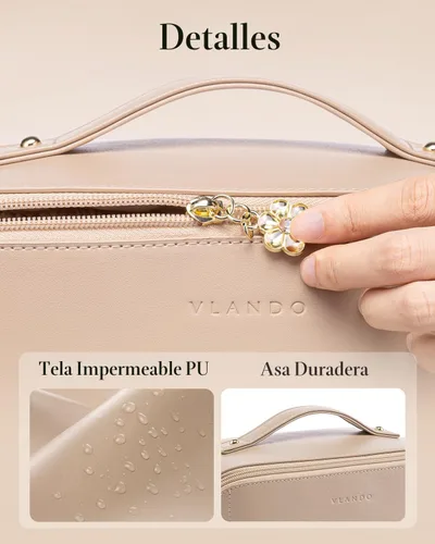 Miniatura 4 de Vlando Bolsa de maquillaje de viaje, neceser para mujer, piel sintética, abierta, plana, bolsa de maquillaje, Clásico elegante