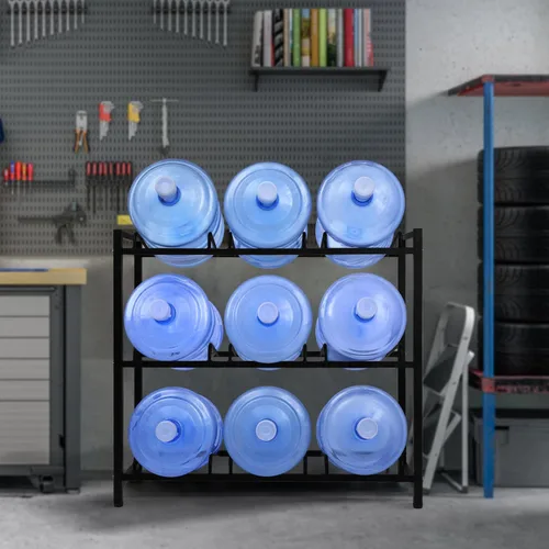 Miniatura 7 de Estante para jarra de agua de 9 bandejas, soporte de almacenamiento para botellas de agua de 5 galones, soporte para botellas de agua de 3 niveles
