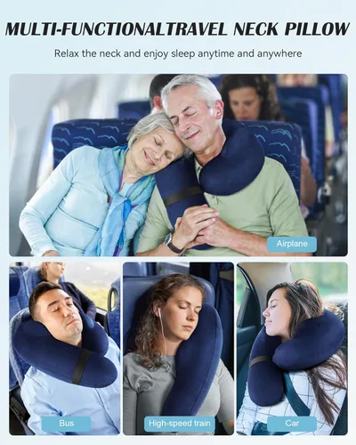 Miniatura 5 de Almohada Inflable para Cuello de Viaje, Almohada de Viaje con Soporte para Cabeza y Cuello, Almohada de Cuello para Viaje en Avión, Tren, Coche, Azul