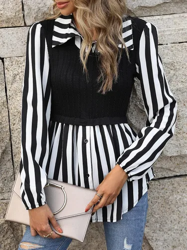 Miniatura 6 de WDIRARA Blusa de manga larga con botones y estampado a rayas para mujer 2 en 1