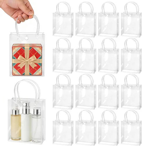 BadenBach - 24 bolsas pequeñas de regalo transparentes con asas, 5.1 x 5.9 x 2.8 pulgadas, mini bolsa de plástico transparente para fiesta, bolsa de