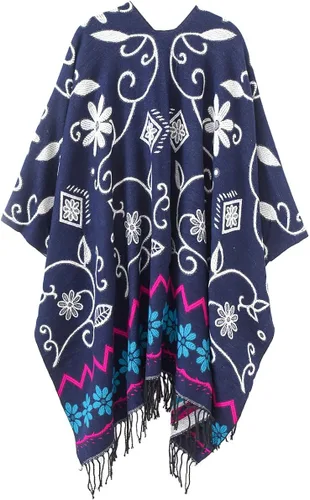 Miniatura 4 de Poncho con flecos, con estampado vintage, estilo retro, a la moda, para mujer. Capa, chal.
