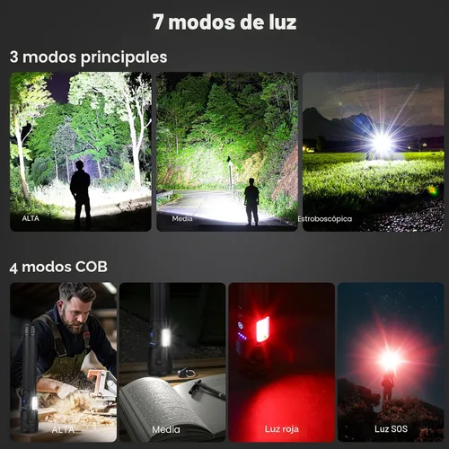 Miniatura 5 de MILAOSHU Linternas Recargables de 90000 Altos Lúmenes, Batería de 10000 ɱAh, Linterna LED con Luz Cob para el Hogar, Súper Brillante, 7 Modos