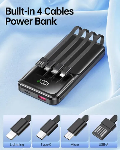 Miniatura 2 de RONEGN Cargador portátil con cable integrado, cargador de batería de carga rápida USB C, pantalla LED de 10000 mAh, 5 salidas y 3 entradas