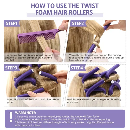 Miniatura 3 de Syhood - 30 piezas de varillas rizadoras flexibles, rulos de cabello con espuma suave sin calor y 1 peine de cola de rata de acero para mujeres