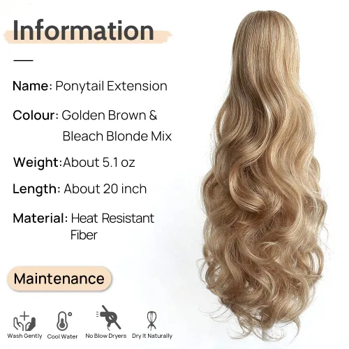 Miniatura 3 de Extensión de cola de caballo ondulada y rizada de 20 pulgadas de largo, peluca sintética de cola de caballo falsa con clip, extensiones de cabello