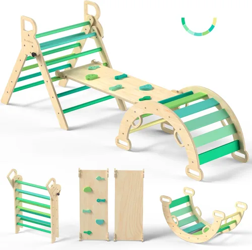 Miniatura 13 de Conjunto de triángulo Pikler BlueWood, juguetes de escalada de madera para niños pequeños, juguete de escalada plegable de 7 en 1 para niños