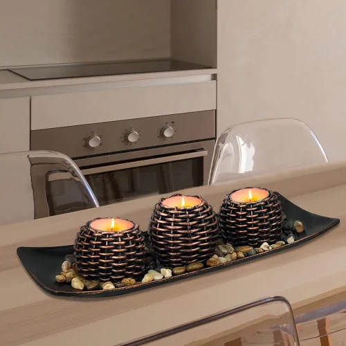 Miniatura 2 de Decoración de mesa auxiliar, 3 portavelas con bandeja y rocas, decoración de mesa de centro de mesa para sala de estar, comedor, dormitorio
