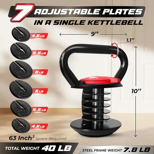 Miniatura 2 de Yes4All Adjustable Kettlebell Set, 20–40 LB Weight Set, Solid Cast Iron Handle with Spacer Disks & Secure Lock, Space-Saving Kettlebell for Home Gym
