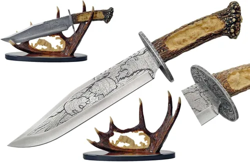 Miniatura 7 de SZCO Cuchillo de asta de oso con soporte de exhibición de 15.25 pulgadas, cuchillos decorativos marrones con mango de ciervo, hoja de acero