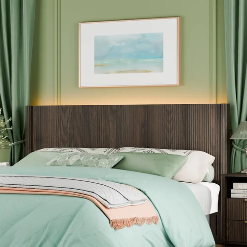 Cabecera tamaño King solamente, moderno tablero acanalado montado en la pared con iluminación, cabecera de cama de madera bohemia elegante