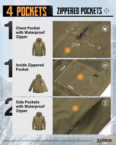 Miniatura 4 de 33,000ft Chaqueta de lluvia plegable para hombre, chaqueta ligera impermeable con capucha, impermeable tipo gabardina para ciclismo