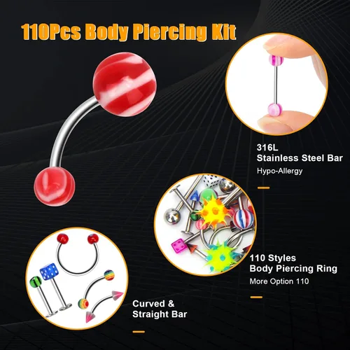 Miniatura 3 de CrazyPiercing Lote de 110 piercings de joyería para el cuerpo cejas ombligo lengua labio anillo Acero inoxidable