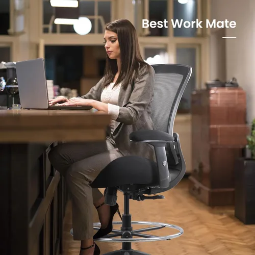 Miniatura 8 de BOLISS Silla de dibujo ergonómica de malla de respaldo medio de 400 libras para escritorio de pie, oficina, silla ancha con soporte lumbar Negro
