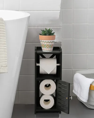 Miniatura 6 de AOJEZOR - Soporte de papel higiénico: gabinete pequeño de almacenamiento para baño - Negro - Bambú Blanco/Bambú