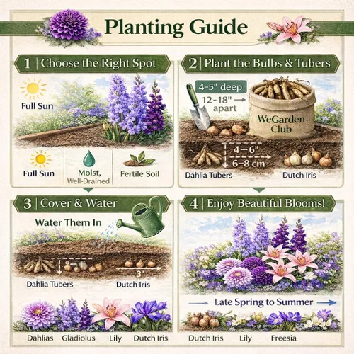 Miniatura 5 de WeGarden - 32 bulbos de flores mixtas para plantar en primavera, dalia, gladiolo, lirio, iris holandés y fresia Colección de bulbos de fácil