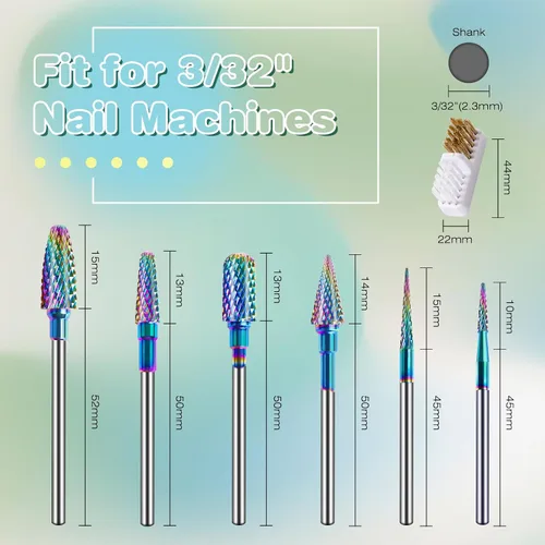 Miniatura 6 de Rolokit Juego de 6 brocas para uñas con cepillo de limpieza, brocas profesionales de carburo de tungsteno de 3/32 pulgadas, brocas para quitar