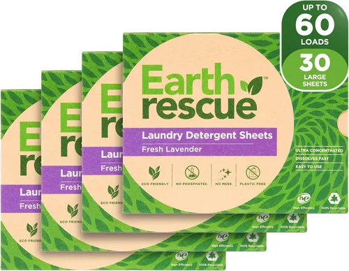 Earth Rescue Paquete de 4 hojas de detergente para ropa, hasta 60 cargas (30 hojas), detergente seco ultra concentrado sin líquido, ideal para