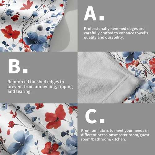 Miniatura 5 de Juego de 2 toallas de mano para el 4 de julio, 14 x 28 pulgadas, diseño patriótico de hojas florales rojas y azules, absorbentes y suaves