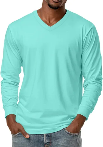 Miniatura 21 de Camiseta para hombre, manga larga, cuello en V, color liso, informal, básica, suave, elástica, M-3XL