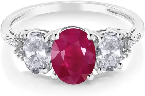 Miniatura 12 de Anillo de compromiso ovalado de oro blanco de 10 quilates con piedra natal y topacio blanco de 3 piedras con detalles de diamante Centro de 0.315