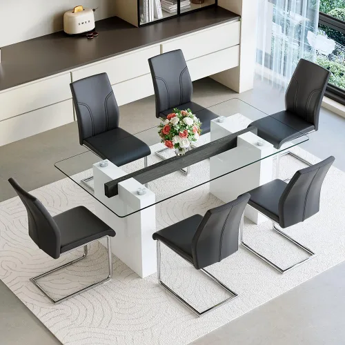 Miniatura 9 de FURNITO Mesa de comedor de vidrio de 71 pulgadas para 6 a 8,0,39 pulgadas de superficie de vidrio grueso con mesa de comedor de pedestal de MDF Mesa