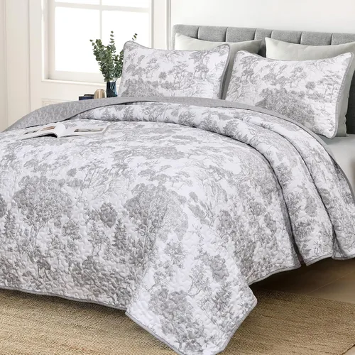Miniatura 9 de WONGS BEDDING Juego de edredón botánico tamaño Queen, negro, 3 piezas, colcha con estampado floral de plantas Toile, juego de ropa de cama