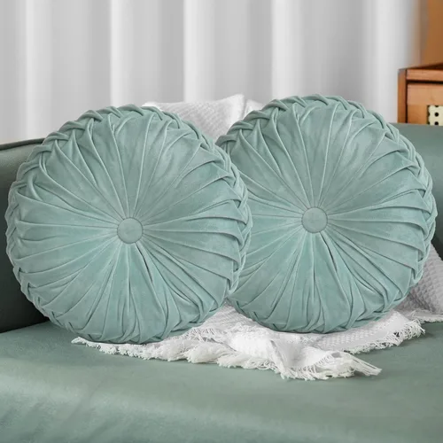 Miniatura 14 de HIG - Juego de 2 almohadas decorativas redondas plisadas, almohadas de calabaza de acento elegantes con botón central, almohadas de suelo
