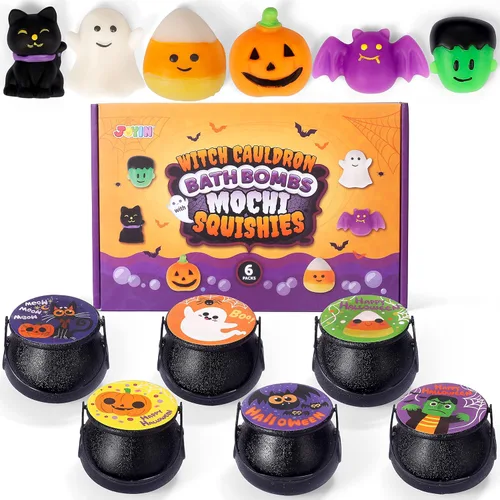 Miniatura 9 de JOYIN Bomba de baño con temática de caldero de bruja de Halloween con juguete esponjoso Mochi, 6 paquetes de bombas de baño de burbujas para niños
