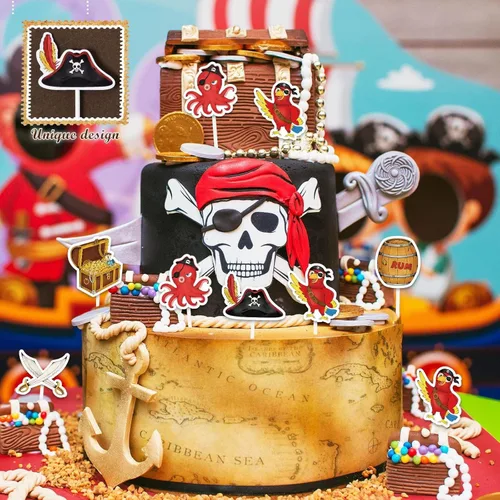 Miniatura 6 de WERNNSAI 49 adornos para cupcakes piratas, decoraciones de fiesta de cumpleaños pirata, decoración de loro pirata, decoración para tartas del día