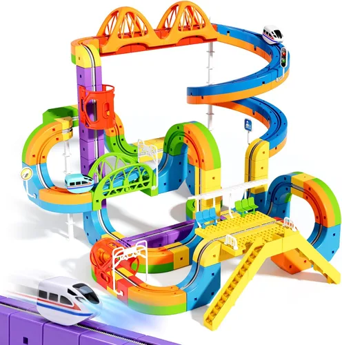 Miniatura 10 de klick Rail - Juego de tren eléctrico 3D mágico y flexible para niños de 3, 4, 5, 6, 7, 8 años, 48 piezas de bloques de pista de autos de carreras